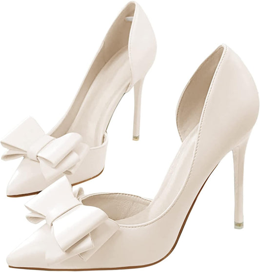 Womens Bow Heels Closed Pointed Toe Dress Shoes Stiletto Slip on Wedding Pumps