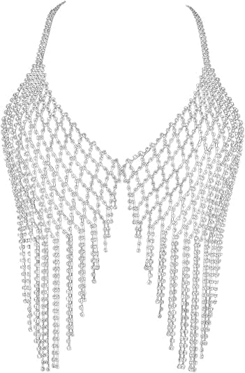 Tassel Rhinestone Chain Body Bra:body Jewelry for Women Sexy, Silver Bikini Bra Body Chains Underwear Party