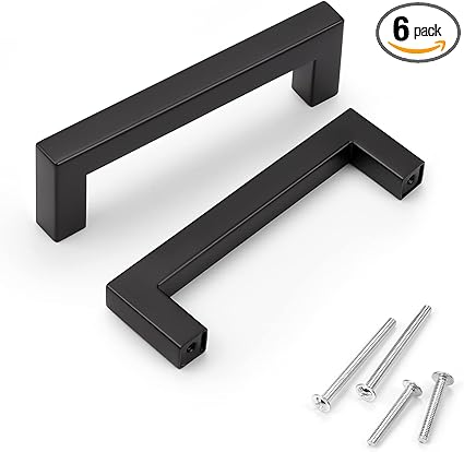 KNOBWELL 6 Pack 4 inch Black Kitchen Cabinet, Stainless Steel Cupboard Door Handles Pulls for Vanity Chest Nightstand Drawer Dresser - Hole Distance 4", Overall Length 4-12"