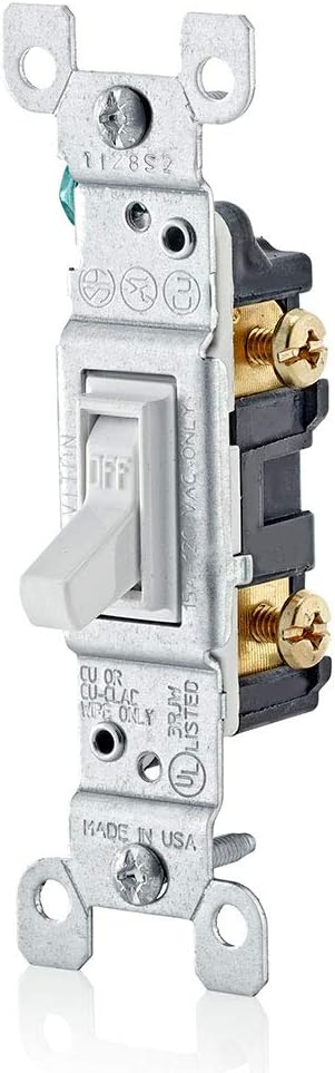 Leviton 1451-2WM 15 Amp, 120 Volt, Toggle Framed Single-Pole Ac Quiet Switch, Residential Grade, Grounding, 10-Pack, White