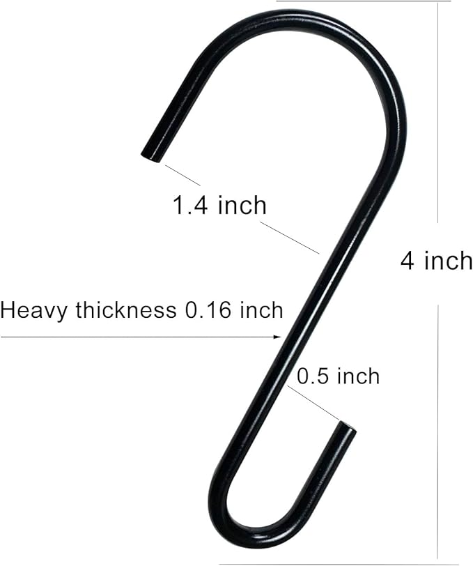 12 Pack 4 Inch S Hooks for Hanging Spoons Pans Pots Kitchenware, Metal S Hooks for Hang Clothes Bags Plants, Apply Bathroom Office Tool Room, Black