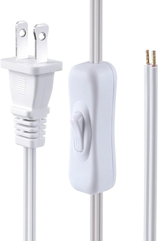 Lamp Cord has Button Switch UL304 2A/120V,Plug,Stripped Ends Ready for Wiring 18 AWG SPT-2, White (6FT)