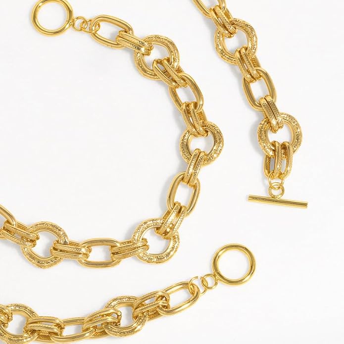 Gold Plated Copper Chunky Textured Link Chain Necklace for Women, Front Toggle Clasp Choker