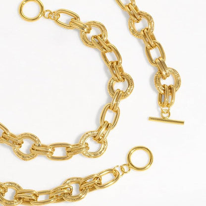 Gold Plated Copper Chunky Textured Link Chain Necklace for Women, Front Toggle Clasp Choker