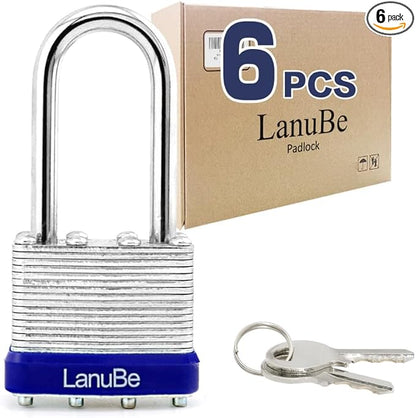 Laminated keyed Padlock (1-9/16", 40mm), keyed Alike Locks, Long Shackle,Marked Blue Plastic Hoop, Pack of 6...