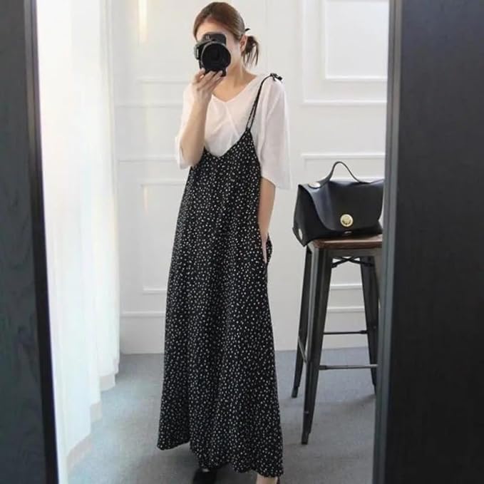 Wide leg jumpsuit, women's polka dot suspender, cropped pants, casual loose overalls