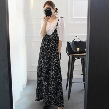 Wide leg jumpsuit, women's polka dot suspender, cropped pants, casual loose overalls