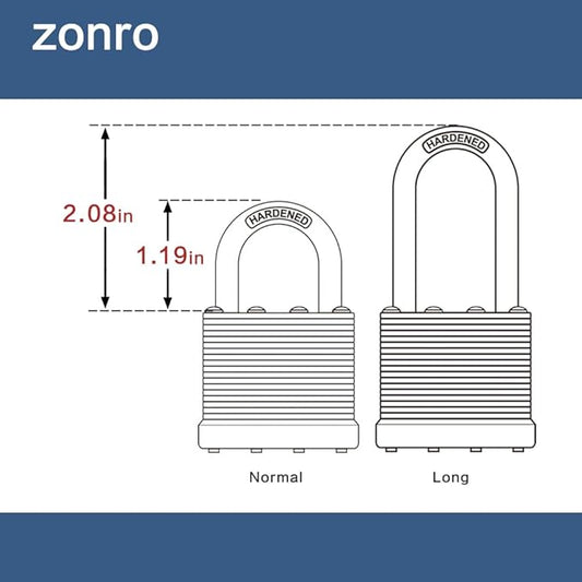 ZonRo Locks Laminated Steel Keyed Padlocks Keyed Alike Locks, Long Shackle Padlocks, for Hasp Latch, Sheds, Fences, Storage Locker, School, Gym,Pack of 6