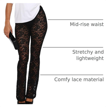 Lace Flare Pants for Women - Sexy See Through Mid-Waist Bell Bottom Leggings Trousers Party Clubwear
