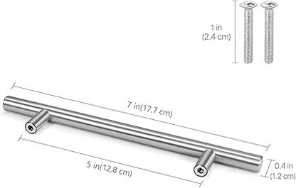 Flexzion 1 Pack Kitchen Cabinet Handles Silver Drawer Pulls 7 inch, 5 inch Hole Center, Stainless Steel T Bar with Satin Brushed Nickel, Hardware for Kitchen Cupboard Door Bathroom Furniture