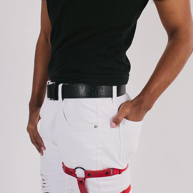 Buckle-Down unisex-adult Marvel Belt, Vegan Leather Belt, Marvel Brick Logo EmbossedBelt