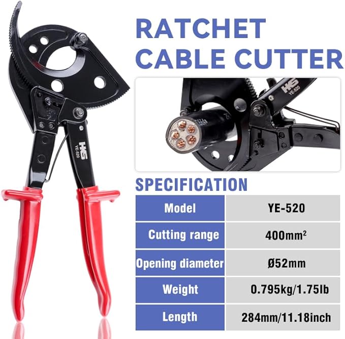 HKS Ratchet Cable Wire Cutter Heavy Duty for Cutting Electrical Aluminum Copper and Multi-core Cables up to 400mm²