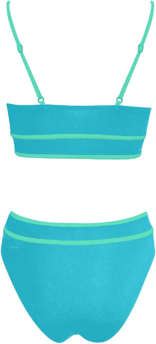 Bikini Sets for Women Two Piece High Waisted Ribbed Swimsuits High Cut Color Block Adjustable Straps Bathing Suits