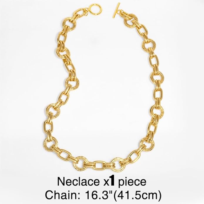 Gold Plated Copper Chunky Textured Link Chain Necklace for Women, Front Toggle Clasp Choker