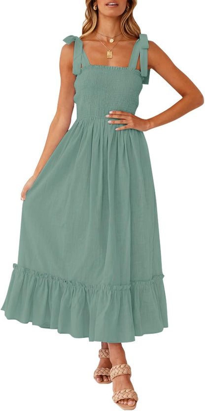 ZESICA Women's 2025 Summer Boho Spaghetti Strap Square Neck Solid Color Ruffle A Line Beach Long Maxi Dress