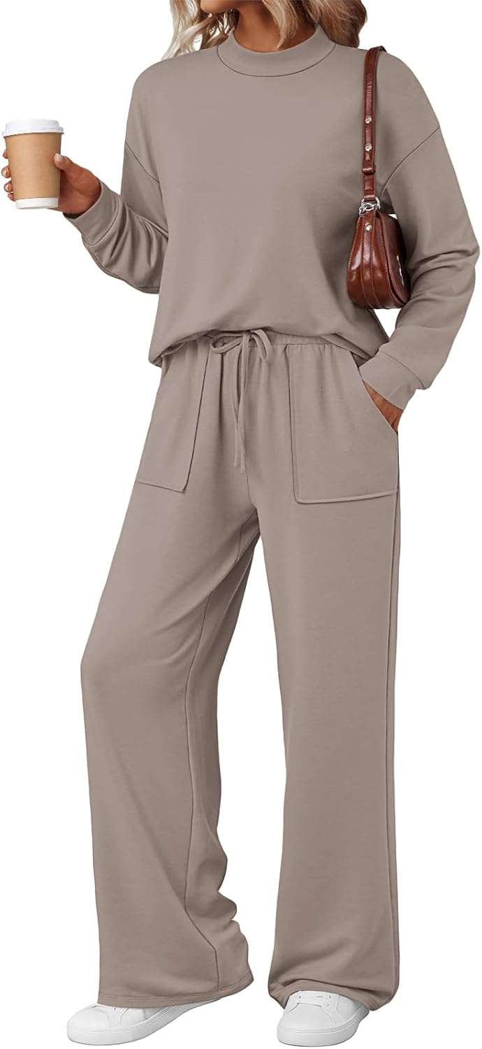 LILLUSORY Womens Two Piece Lounge Sets Mock Turtleneck Tops Wide Leg Drawstring Pants Sweatsuit with Pockets.