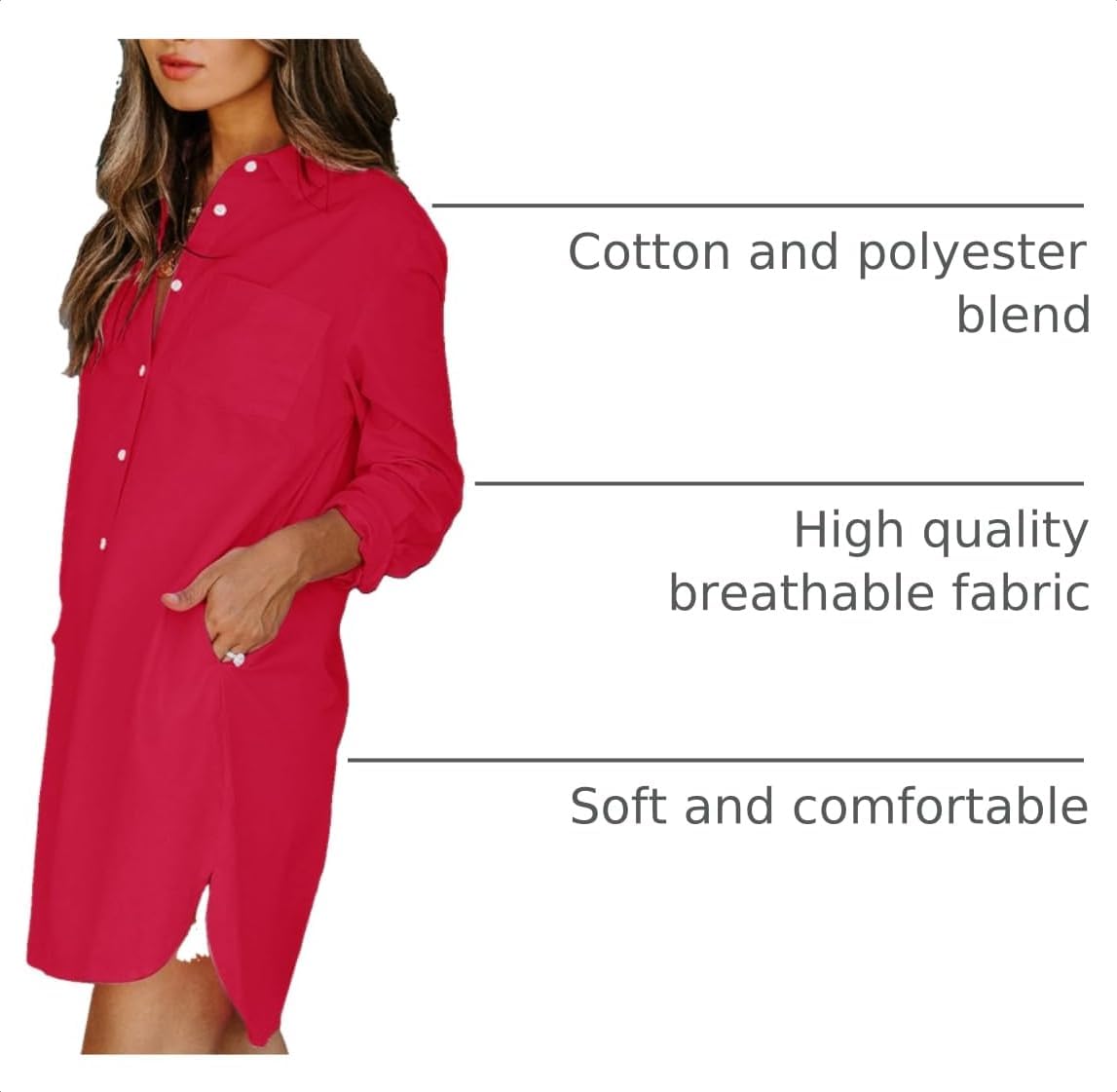 Womens Button Down Shirt Dresses with Pockets Cotton Button Up Tunics Long Sleeve Solid High Low Blouse Tops