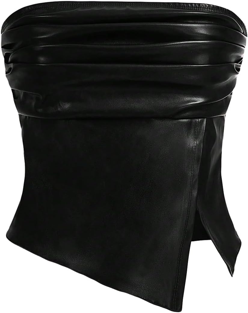 Women's Leather Tops Strapless Concert Bandeau Crop Tube Tops Ruched Split Club Shirt