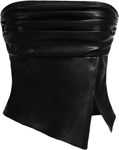 Women's Leather Tops Strapless Concert Bandeau Crop Tube Tops Ruched Split Club Shirt