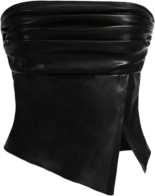 Women's Leather Tops Strapless Concert Bandeau Crop Tube Tops Ruched Split Club Shirt