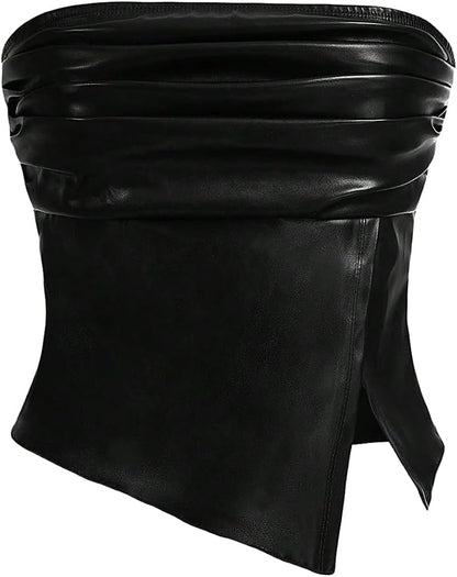 Women's Leather Tops Strapless Concert Bandeau Crop Tube Tops Ruched Split Club Shirt