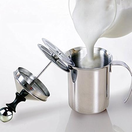 Foam Maker, Stainless Steel Manual Milk Frother, Manual Operated Milk Foam Maker, with Double froth screen, for Cappuccino Coffee Latte Hot Chocolate (800ML)