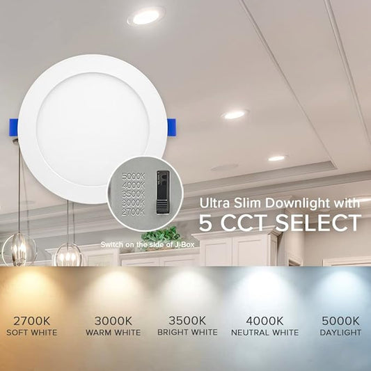 Maxxima 6 in. 5 CCT Ultra-Thin Recessed LED Downlight 1050 Lumens, Color Selectable 2700K-5000K (2700K3000K3500K4000K5000K), Canless, IC Rated, Slim, Dimmable, Junction Box Included