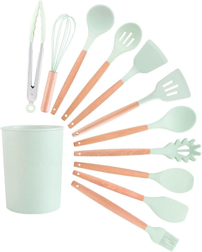 Green Silicone Utensils Kitchen Utensil Set with Multifunction Wooden Handle, Non-Stick Spatula, Ladle, Egg Shovel
