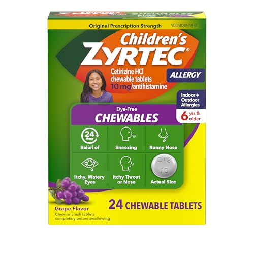 Zyrtec Children's Dye-Free Chewables for 24 Hour Allergy Relief, 10 mg Cetirizine Hydrochloride Antihistamine Tablets, Kids Allergy Medicine Relieves Sneezing & Itchy Throat, Grape, 24 ct