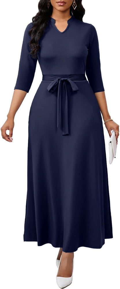 BubFee Maxi Dresses for Women Semi Formal Long Dress 3/4 Sleeve Casual A-line Church Dresses with Pockets