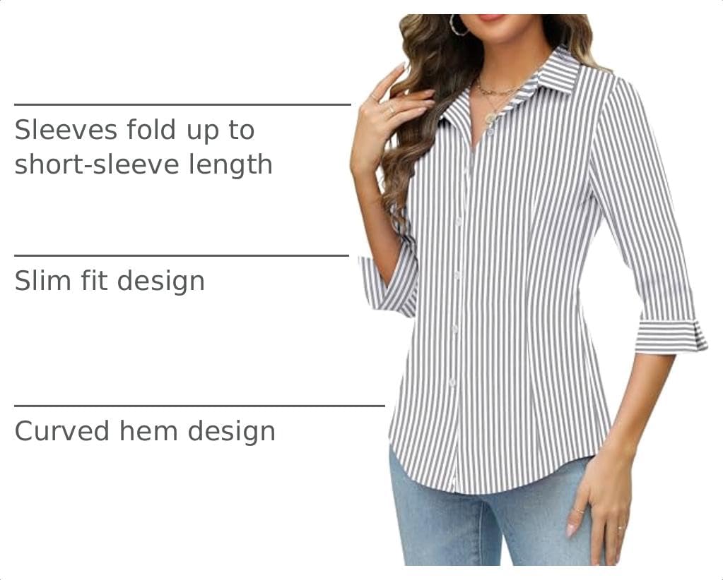 Women Button Down Shirts 3/4 Sleeve Basic Business Dress Shirt Slim Fitted Classic V Neck Button Up Work Blouse Tops