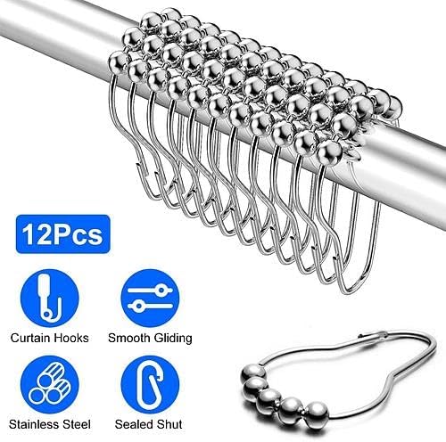 NewHome 12 Sets of Shower Curtain Hooks Rustproof Stainless Steel Hooks for Shower Rods Smoothly Glide Hooks for Bathroom Bathtubs Closets Window Curtain