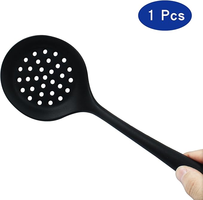 BokWin 1 Pcs Round Slotted Spoon Heat Resistant Silicone Strainer Spoon Non Stick Skimmer Spoon for Cooking Vegetable(Black)