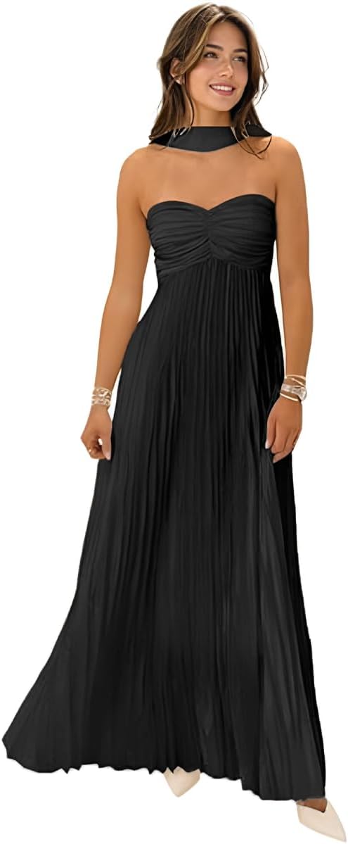 Women Bridesmaid Dress with Scarf Strapless Pleated Satin Flowy Formal Evening Gown Maxi Dresses .