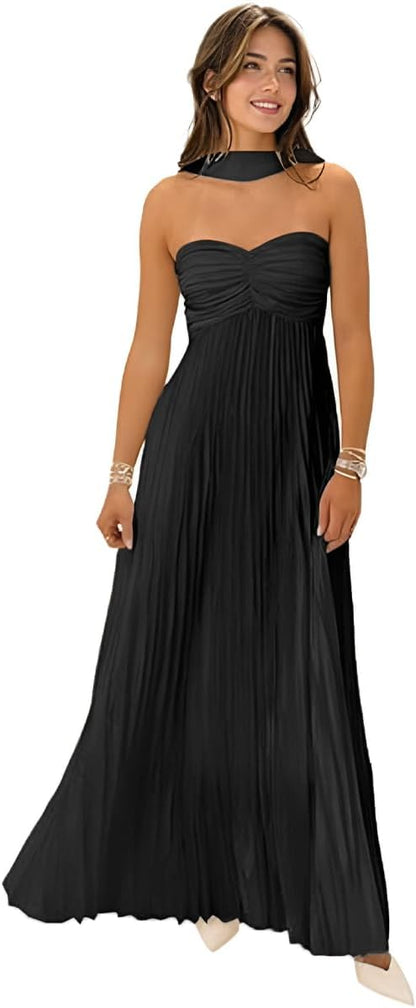 Women Bridesmaid Dress with Scarf Strapless Pleated Satin Flowy Formal Evening Gown Maxi Dresses .