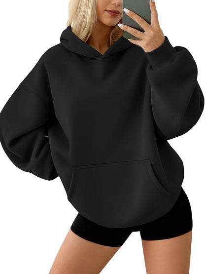 XS, Oversized fleece hoodie, soft and comfortable, perfect for fall in sleek black.