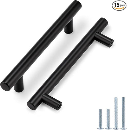 Probrico 15 Pack5" Hole Centers Flat Black Modern Cabinet Pulls Drawer Handle Kitchen Cupboard T Bar Dresser Pull Stainless Steel Cabinet Hardware, 7-12 Total Length