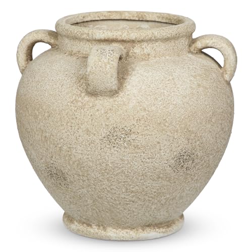 Rustic Ceramic Vase with Handles Antique-Style Beige Farmhouse Pottery Decorative Urn for Table Centerpiece, Mantel, Shelf, or Entryway Home Décor
