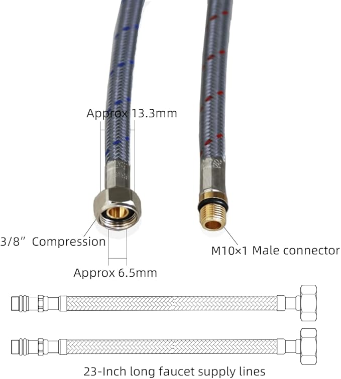Long Faucet Connector Braided Stainless Steel 304 Supply Hose 38-Inch Female Compression Thread, x 2 Pcs (1 Pair)