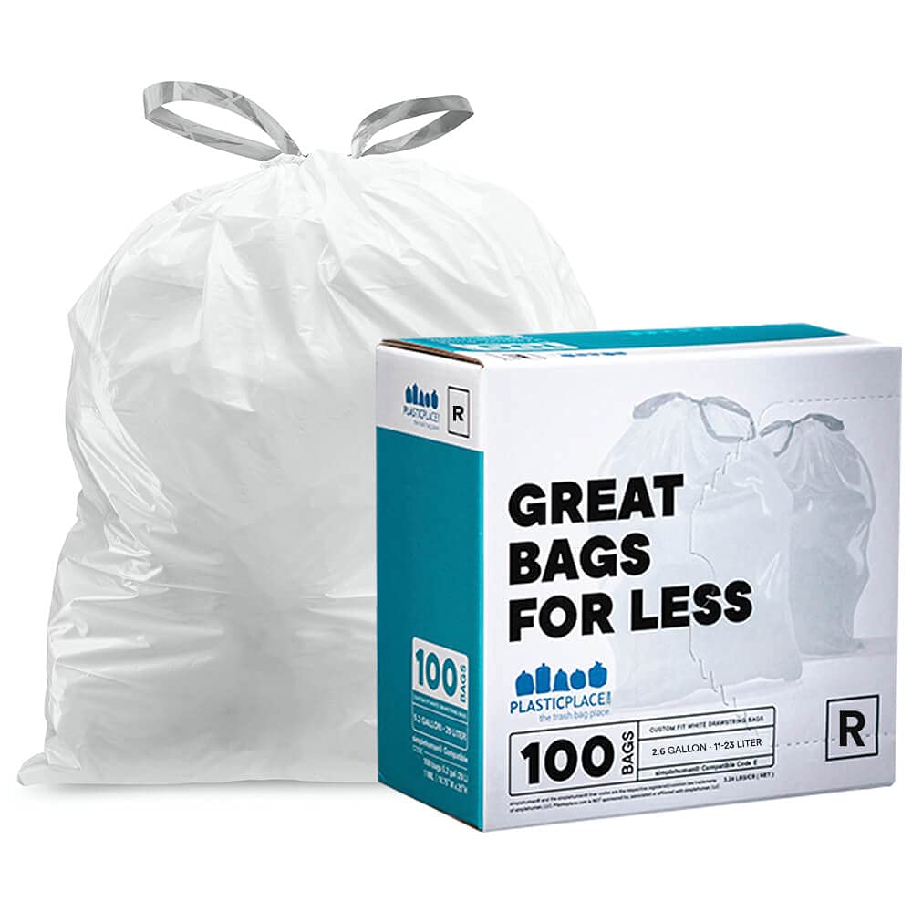 Plasticplace Custom Fit Trash Bags, Compatible with Simplehuman Code R (100 Count) White Drawstring Garbage Liners 2.6 Gallon/ 10 Liter 16.5 x 18""