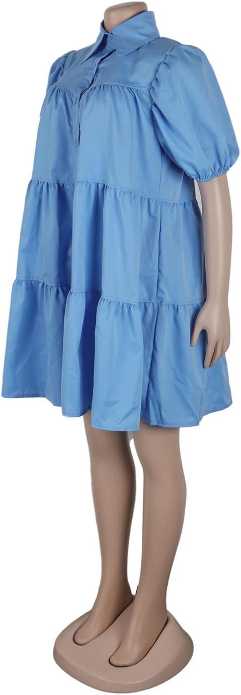 WOKANSE Women's Cute Babydoll Dresses Casual Loose Puff Sleeves Ruffle Hem Button Down Pleated Shirt Dress