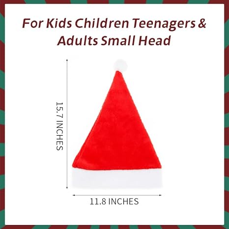 MarJunSep 12 Pack Plush Santa Christmas Hats for Kids Children Teenagers & Adults Small Head, Red Plush Xmas Hats with White Cuffs for Christmas Holiday