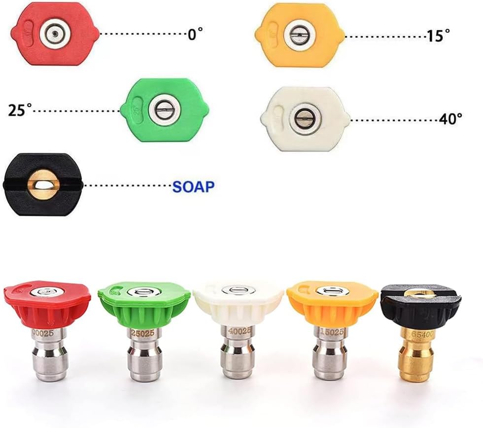 4 Pack Pressure Washer Nozzle Tips Multiple Degrees, 1/4 INCH (2.5 GPM), Power Washer Nozzle Tips, Pressure Washing Tips Set, Pressure Washer Head Rated Up to 4500 PSI Power Washer Tips. (Missing black nozzle)