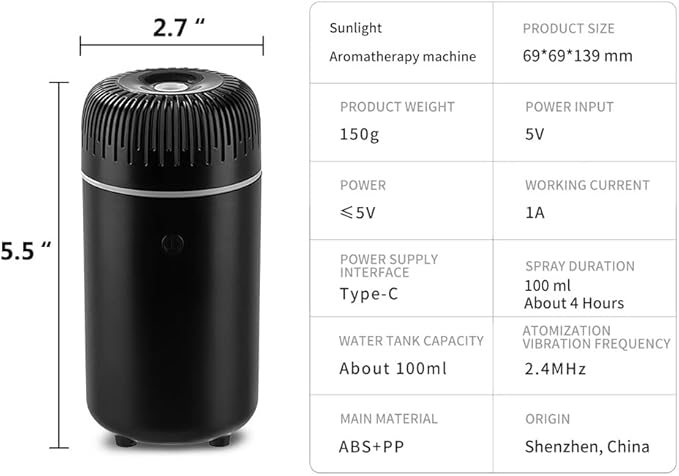 Unee Car Diffuser, 100ml USB Plug-in Mini Humidifier Diffuser for Essential Oil Diffuser Car Air Freshener Aromatherapy Diffuser(Black)