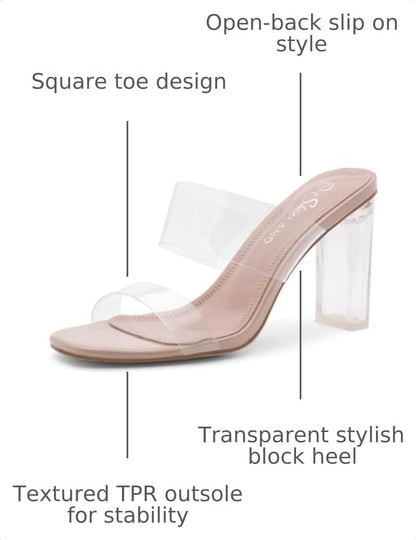 Clear Heels for Women | Transparent Two Strap High Block Chunky Heeled Mules | Slip-On Dressy Clear Sandals for Prom, Wedding, Party & Formal Events