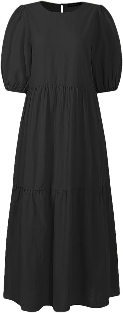 Momuk Women's Maxi Dresses Summer Casual Crewneck Short Sleeve Sundress Elegant Classy Beach Vacation Ladies Dresses