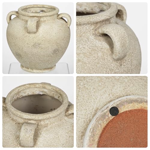 Rustic Ceramic Vase with Handles Antique-Style Beige Farmhouse Pottery Decorative Urn for Table Centerpiece, Mantel, Shelf, or Entryway Home Décor