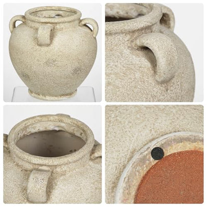 Rustic Ceramic Vase with Handles Antique-Style Beige Farmhouse Pottery Decorative Urn for Table Centerpiece, Mantel, Shelf, or Entryway Home Décor