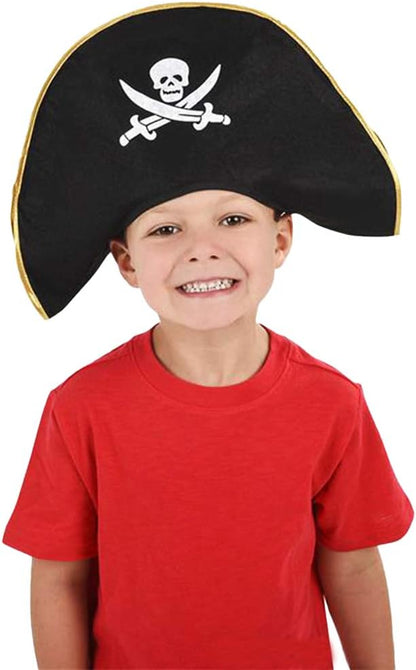 ArtCreativity Pirate Felt Hat for Kids, 1PC, Pirate Costume Hat with Skull and Cross Sword Design, Costume Prop for Halloween, Dress Up Parties, and Photo Booth, Black, White, and Gold