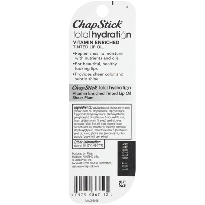 ChapStick Total Hydration Vitamin Enriched Sheer Plum Tinted Lip Oil Tube, Lip Care - 0.24 Oz